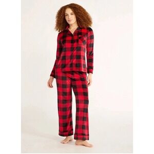Joyspun Womens Pajama Set Size L Red Plaid Velour Notch Collar 2 Piece Elastic